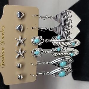 6 pack feathers & ovals boho fashion earrings. Studs & dangling